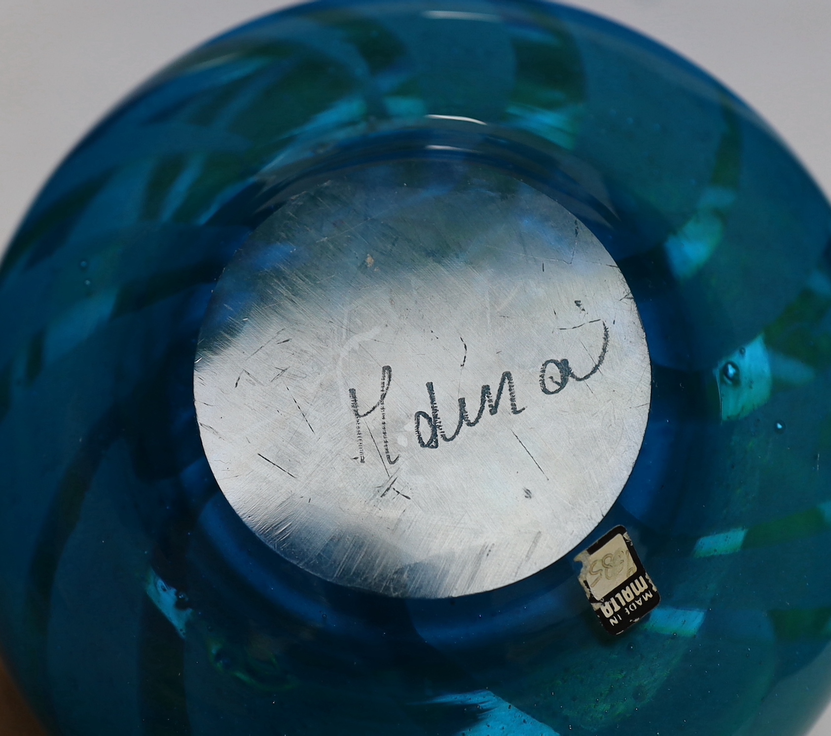 Four pieces of Mdina glass, three signed together with a blue glass dish, largest Mdina vase 19.5cm high
